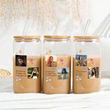 1pc Personalized Photo Glass Cup With Bamboo Dome Lid, Customizable 500ml Coffee/Milk Tea/Water Cup, Includes Lid, Straw And Straw Cleaning Brush