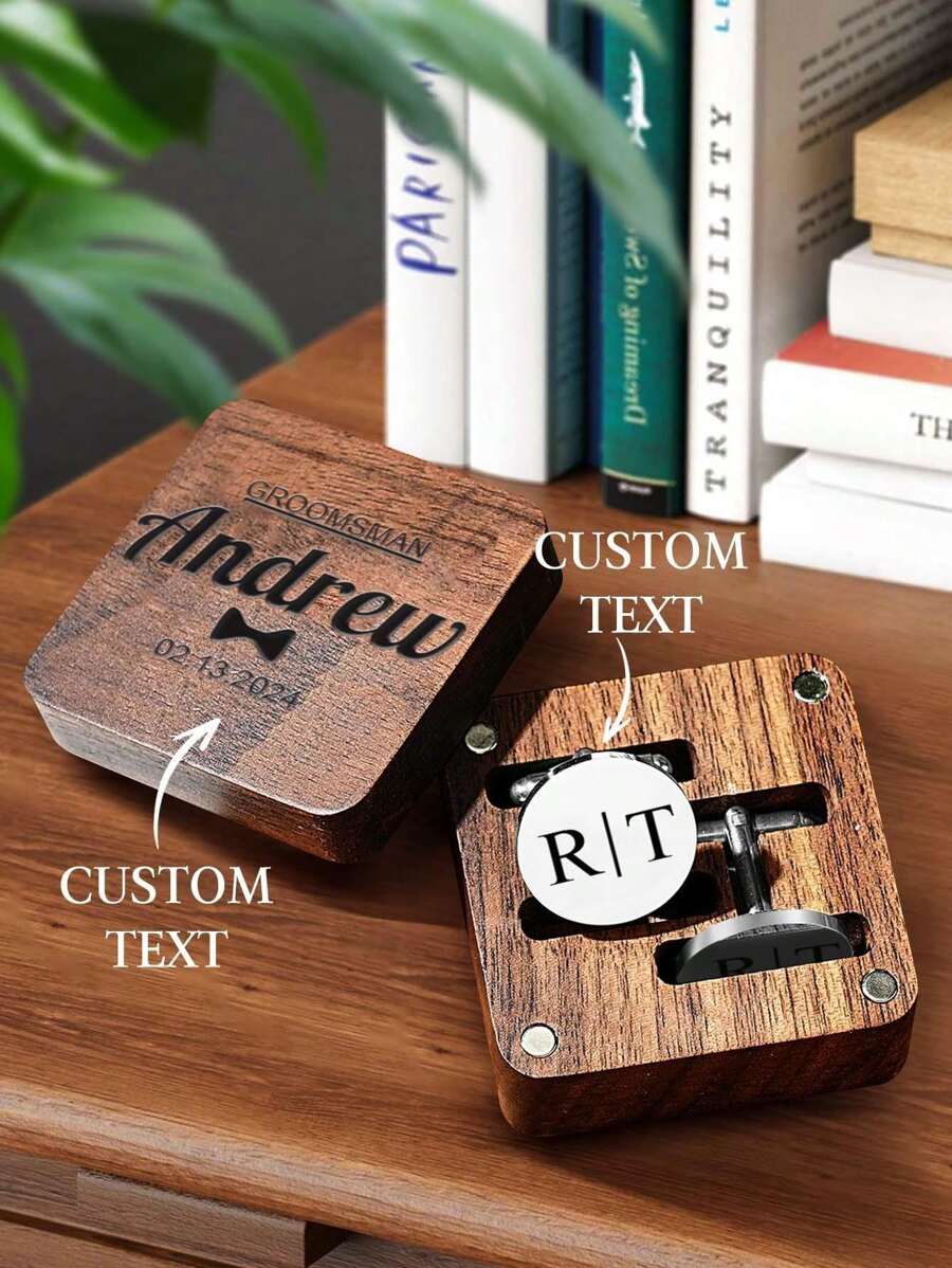1Pair Custom Engraved Cufflinks With Box Personalized Name Cufflinks, Custom Black/ Gold/ Silver/ Rose Gold Cufflinks, Unique Men's Accessory Perfect Wedding Groomsmen, Best Man, Father's Day, Birthday, Anniversary, Business Gift Ideal For Dad, Husband, Boyfriend, Groom, Or Businessman - Elegant And Timeless Keepsake, Handcrafted Custom Jewelry - Style 3 - View 1