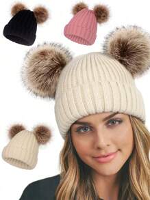 Cute Bear Woolen Beanie Hat With Pompom, Thick & Stretchy, Suitable For Women Winter Outdoor Wear
