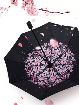 1pc Sakura Pattern Folding Umbrella, UV Protection, Waterproof, Portable Travel Umbrella, Back To School Supplies Summer Cooling,Beach,Travel