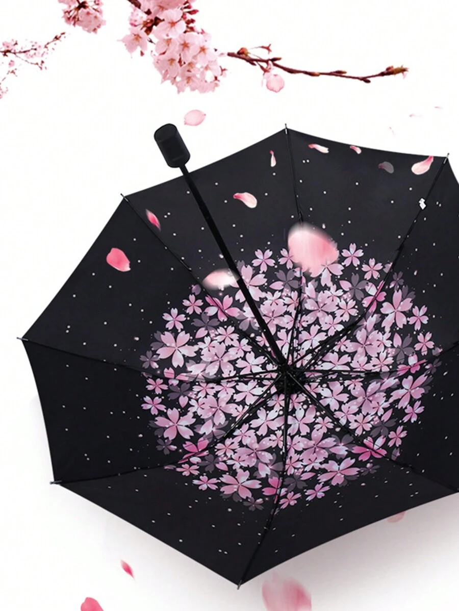 1pc Sakura Pattern Folding Umbrella, UV Protection, Waterproof, Portable Travel Umbrella, Back To School Supplies Summer Cooling,Beach,Travel