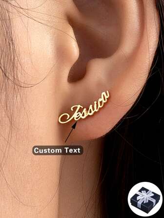 Elegant Minimalist Customized English Name Earrings, Stainless Steel Gold Cursive Name Stud Earrings, Women's Personalized Gift, Wedding, Anniversary Jewelry, Gift For Couple Or Mom Stylish, Fall Fashion, Contracted, Simple, Casual, Old Money, Vintage Custom, Personalized, Unique Ideal Gifts For Her Girlfriend, Mom, Family, Friends, Daughter, Grandparents For Anniversaries, For Birthdays, For Prom