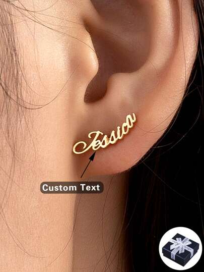 Pendientes personalizados con nombre en inglés, elegantes y minimalistas. Pendientes de botón con nombre en cursiva de acero inoxidable dorado. Regalo personalizado para mujer, boda, aniversario. Regalo para pareja o mamá. Elegante, de moda otoñal, sencillo, casual, de estilo antiguo, vintage personalizado. Regalo ideal para ella, novia, mamá, familia, amigos, hija, abuelos para aniversarios, cumpleaños, baile de graduación
