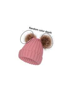 Cute Bear Woolen Beanie Hat With Pompom, Thick & Stretchy, Suitable For Women Winter Outdoor Wear