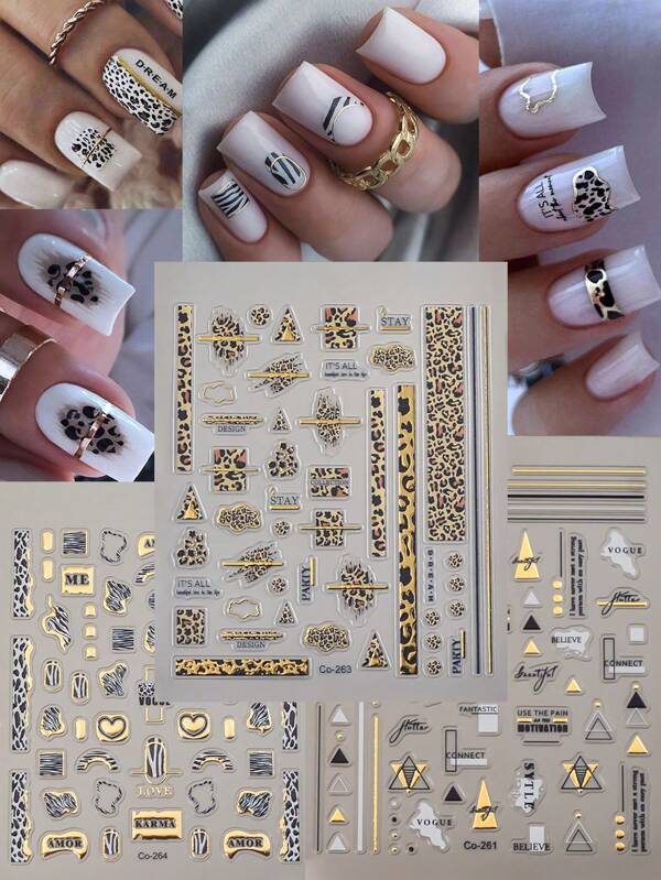 طقم (3 قطع) ملصقات فن الأظافر بنمط نمر بارز ذهبي وأسود وأبيض, وبنمط نص لصقات اظافر ملصقات اظافر ستيكر اظافر