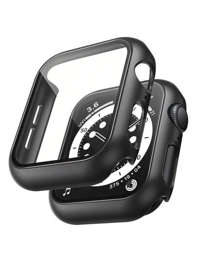 2pcs Black Fashionable Casual PC Smart Watch Case 2 In 1 Ultra-Thin Tempered Glass Screen Protector Cover, For Apple Watch Band 38/40/41/42/44/45/46/49mm, For Apple Watch Series Ultra/SE/11/10/9/8/7/6/5/4/3/2/1, Intelligent Watch Accessories