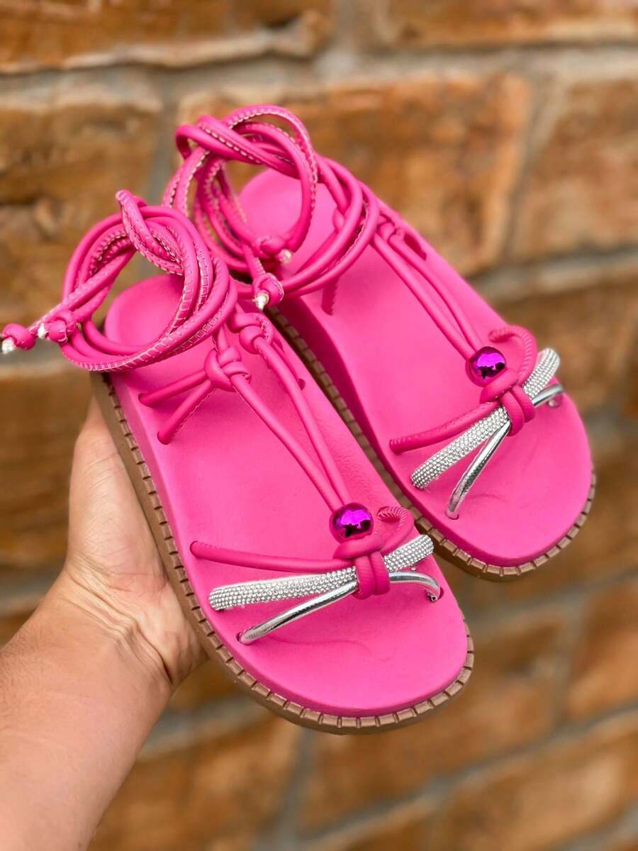 Birken Papete Flat Sandal For Children Girl With Glitter Rhinestones With Lace-Up Kids - Hot Pink - View 1