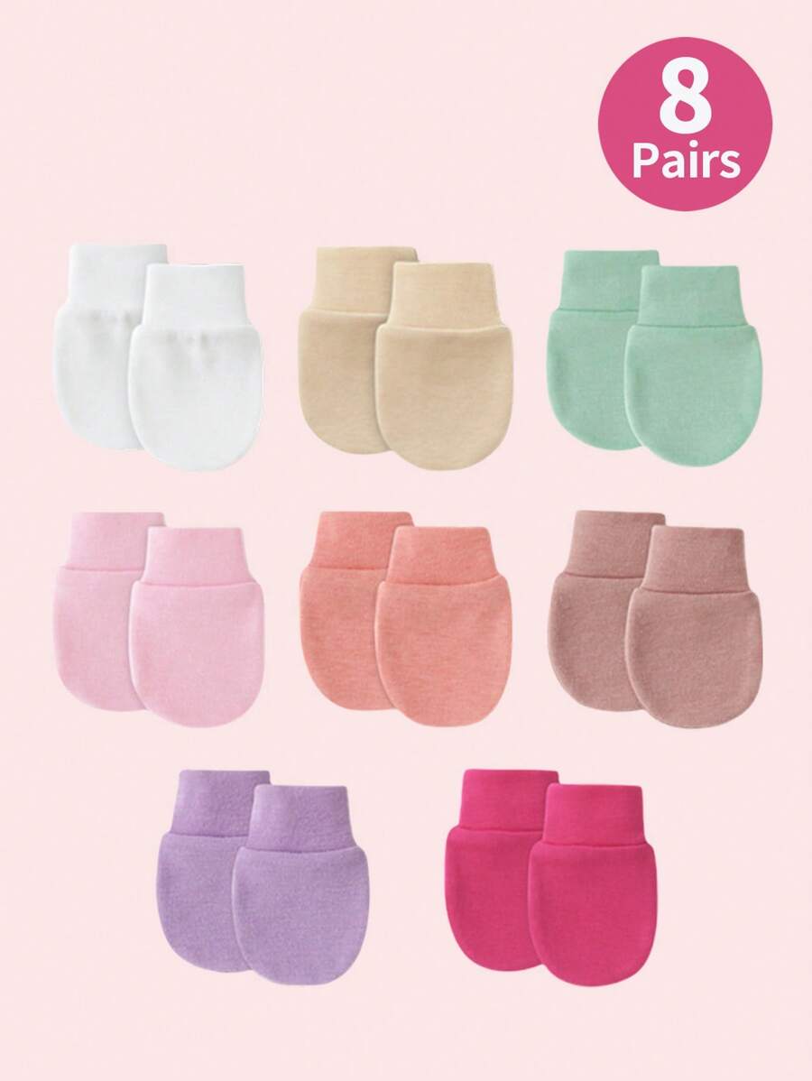 8pairs Baby Girls Solid Color Edging Anti-Scratch Face Gloves Newborn Full Finger Mittens, Very Cute Pink Color Suitable For Casual Daily Wear, For Spring Summer Autumn Winter - Multicolor - View 1