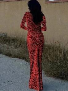 Vestito leopardato sexy con schiena scoperta e maniche lunghe con laccetti, di stile - Rosso - Visualizzare 2
