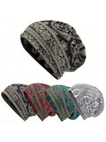 2pcs Classic Paisley Print Loose Visorless Beanie Hats, Boho Stretchy Visorless Beanies, Vintage Neck Gaiter, Soft Visorless Caps, Chemo Hats For Women, Random Print Position Caps Winter Fall Sleep Bonnet - A - View 11