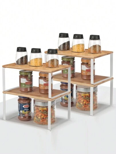 SONGMICS Cabinet Shelf Organizers, Set Of 4 Kitchen Counter Shelves, Stackable, Expandable Spice, Metal And Wood