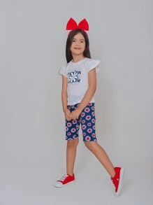 Casual Basic Children's Set Summer Girl Blogger Print Blouse + Shorts Fashion Style Mini Diva Candy Sleeve Puffed Promotion