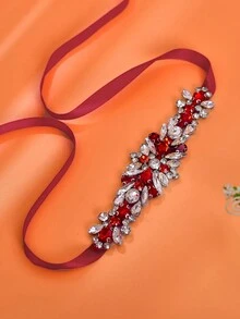 1 件手工制作的闪亮宝石可调节丝带腰带，新娘婚礼配饰 - 酒紅色絲帶 - 查看 4