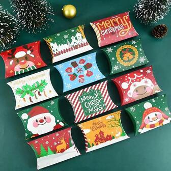 12 piezas/24 piezas Caja de regalo de papel kraft con forma de almohada de caramelo navideño de color aleatorio, caja de embalaje de galletas para decoración de fiesta de Navidad