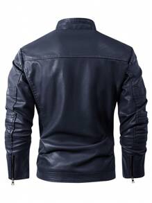 Black Classic Brando Motorcycle Jacket For Men Made Of Cowhide Leather Side Lacing - Blue - View 2