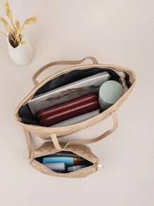 2 件绗缝波浪图案大容量托特包，几何复古单肩托特购物袋，适合女士，带零钱包，秋冬新款大容量单肩托特包 - 卡其色 - 查看 5