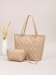 2 件绗缝波浪图案大容量托特包，几何复古单肩托特购物袋，适合女士，带零钱包，秋冬新款大容量单肩托特包 - 卡其色 - 查看 4