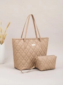 2 件绗缝波浪图案大容量托特包，几何复古单肩托特购物袋，适合女士，带零钱包，秋冬新款大容量单肩托特包 - 卡其色 - 查看 2