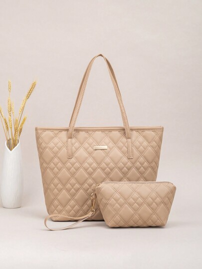 2pcs Quilted Wave Pattern Large Capacity Tote Bag, Geometric Vintage Shoulder Tote Shopper Bag For Women With Coin Purse, New In Fall/Winter Large Capacity Shoulder Tote Bag