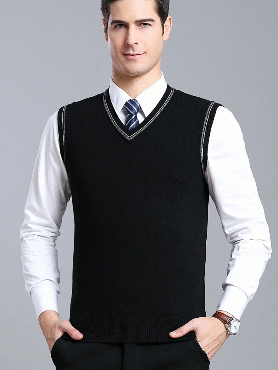 男士条纹针织毛衣背心，秋冬 - 黑色 - 查看 1