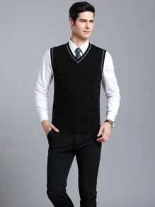 男士条纹针织毛衣背心，秋冬 - 黑色 - 查看 2