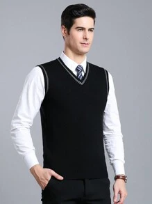 男士条纹针织毛衣背心，秋冬 - 黑色 - 查看 5