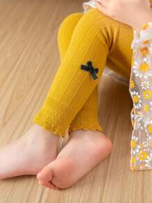 1 件女童蝴蝶结紧身打底裤透气黑/白色连裤袜，适合日常休闲穿着 - 黃色 - 查看 10