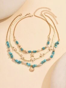 3 cái/bộ Vỏ ngọc lam & Vòng cổ đính cườm ngọc trai nước ngọt, Vòng cổ nhiều lớp mặt dây chuyền ngôi sao biển thời trang dành cho nữ, thích hợp cho trang phục thường ngày, đi biển, du lịch - Xanh ngọc + hạt gạo - Xem 3