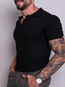 ITALIAN KNITTING POLO T-SHIRT WITH ELASTANE - Black - View 4