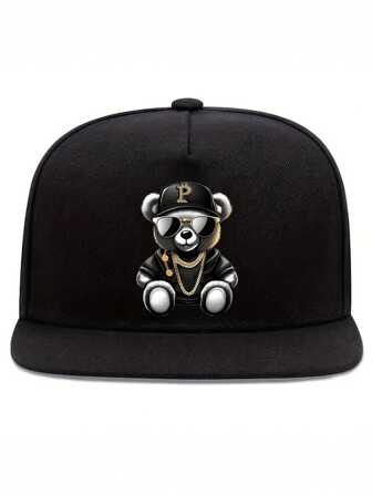 1pc Hip Hop Bear Print Unisex Adjustable Snapback Baseball Cap, Street Fashion Sports Hat