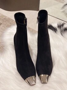 2024 Autumn & Winter New Design Thick Heel Short Boots For Women, Suede Material, Metal Toe, Elastic Slim Fit High Heels