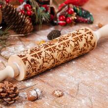 1pc Wooden Christmas Embossed Rolling Pin, Christmas Deer, Snowflakes, Snowman, Xmas Bells, Canes, Ice Boots Pattern Xmas Cookie Mold For Baking Tools Christmas Decorations Christmas Decor Christmas Gifts Christmas Party Supplies