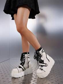 Punk Gothic Women Combat Boots Chunky Wedges Heel Lace Up Chain Ankle Cool Fashion Luxury Design Shoes Woman - 白色 - 查看 2