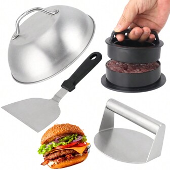 1 set 4 pièces d'ustensiles de barbecue en acier inoxydable, comprenant un couvercle, un presse-hamburger, un presse-steak haché, une spatule, des pinces, convenant pour le grillage et la cuisson