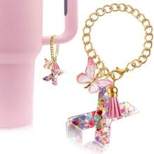 带手柄杯子字母吊饰配件，可爱首字母钥匙扣手柄吊饰带蝴蝶，适用于女士女孩的玻璃杯