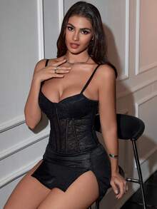 Vintage Lace Floral Mesh See-Through Lace Up Back Backless Corset Boned Shapewear Crop Cami Top Music Festival - Black - View 6