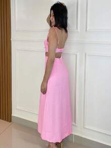 Summer Casual Spaghetti Strap V-Neck Swing Holiday Dress - Hồng - Xem 2