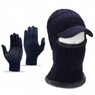 Knitted Pullover Hat + Gloves Of The Same Color, Knitted Hat For Men In Autumn And Winter Outdoor Warm Cover Face, Wool Hat For Women Cycling Collar One Thermal Lined Pullover Hat