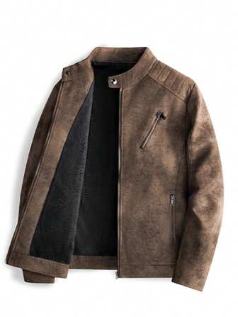 Men's Solid Color Minimalist Daily Faux Leather Jacket With Thermal Lined