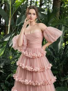 露肩泡泡袖分层荷叶边薄纱舞会返校礼服非常适合返校、聚会、舞会和鸡尾酒会活动，优雅的半正式礼服，适合生日、婚礼嘉宾、毕业典礼 - 粉色 - 查看 9