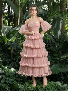 露肩泡泡袖分层荷叶边薄纱舞会返校礼服非常适合返校、聚会、舞会和鸡尾酒会活动，优雅的半正式礼服，适合生日、婚礼嘉宾、毕业典礼 - 粉色 - 查看 5