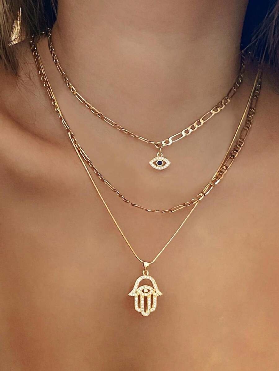 1pc Simple Evil Eye Multi-Layer Necklace Set For Women, Gift For Daily Wear, Vacation, Date - Yellow Gold - View 1