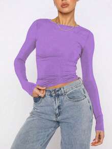 Women's Solid Basic Round Neck Long Sleeve Cropped Slim Fit T-Shirt - Purple - View 4