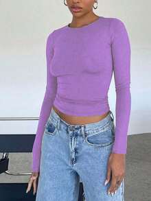 Women's Solid Basic Round Neck Long Sleeve Cropped Slim Fit T-Shirt - Purple - View 6