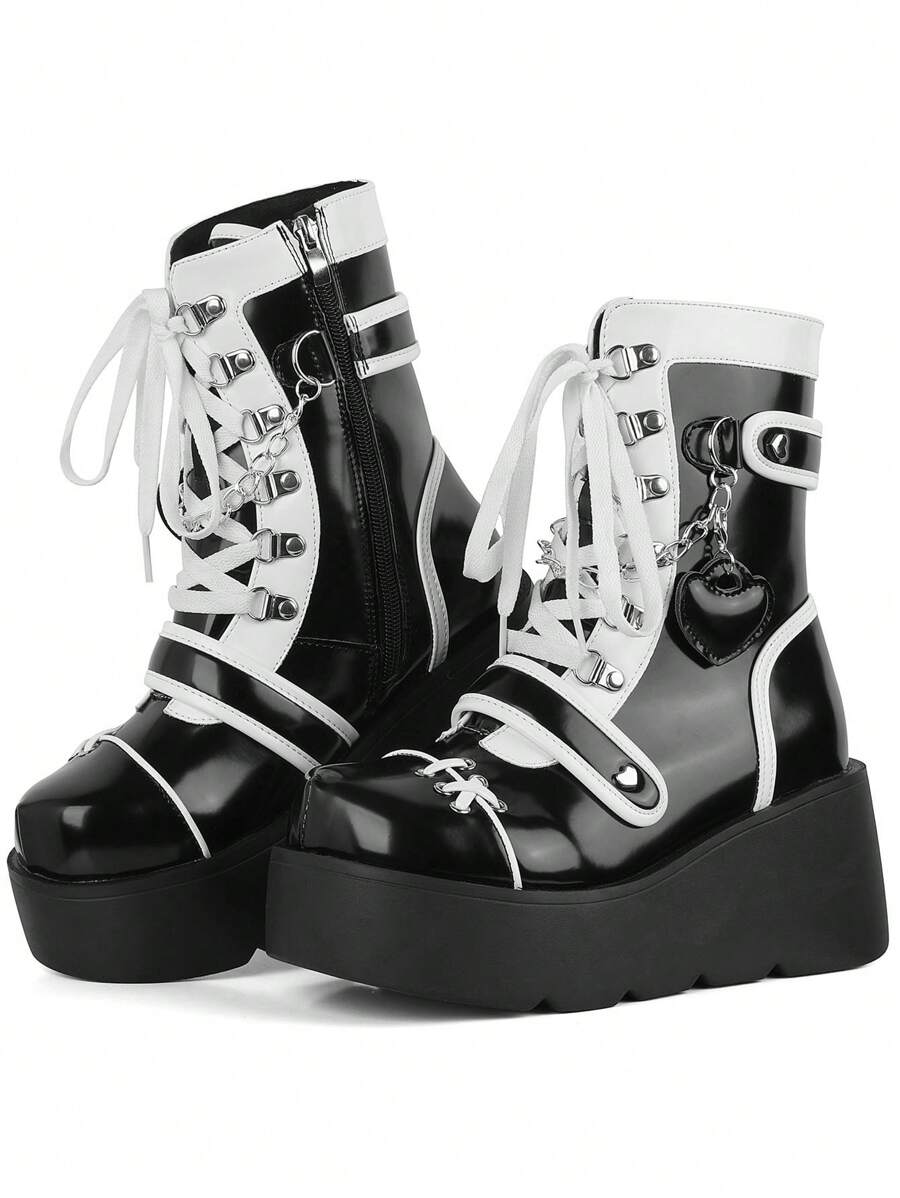 Womens Goth Ankle Boots Platform Chunky High Heel Lace Up Zipper Round Toe Combat Boots - Black and White - View 1