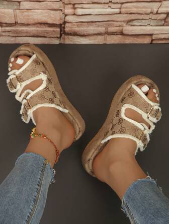 Women's Floral Tassel Wedge Platform Open Toe Casual Comfortable Slide Sandals