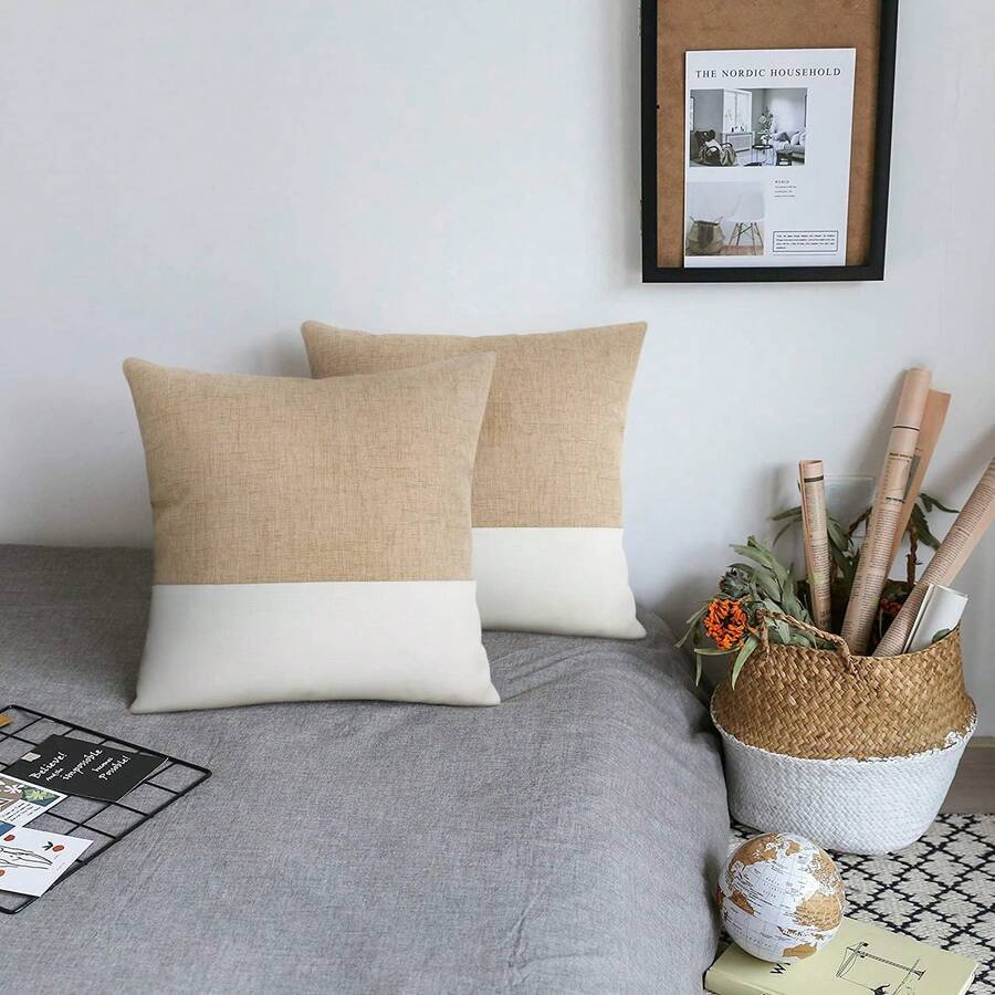 1 件现代农舍简约纯色亚麻装饰抱枕套、沙发卧室家居装饰、不含枕芯 - 卡其色 - 查看 1