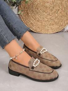 Women's Pearl Decor Round Toe Slip-On Loafers, Thick Sole Comfort Casual Oxford Shoes In Khaki