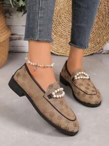 Women's Pearl Decor Round Toe Slip-On Loafers, Thick Sole Comfort Casual Oxford Shoes In Khaki