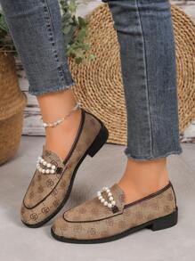 Women's Pearl Decor Round Toe Slip-On Loafers, Thick Sole Comfort Casual Oxford Shoes In Khaki